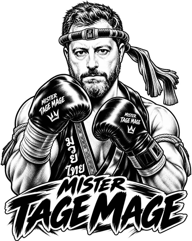 MISTER TAGE MAGE, personnage manga boxeur thaï avec gants et mongkon, en garde