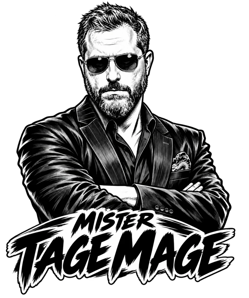 MISTER TAGE MAGE, personnage manga barbu en costume et lunettes, bras croisés