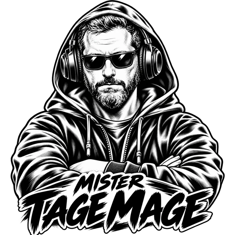 MISTER TAGE MAGE, personnage manga en sweat à capuche avec casque audio et lunettes de soleil, bras croisés