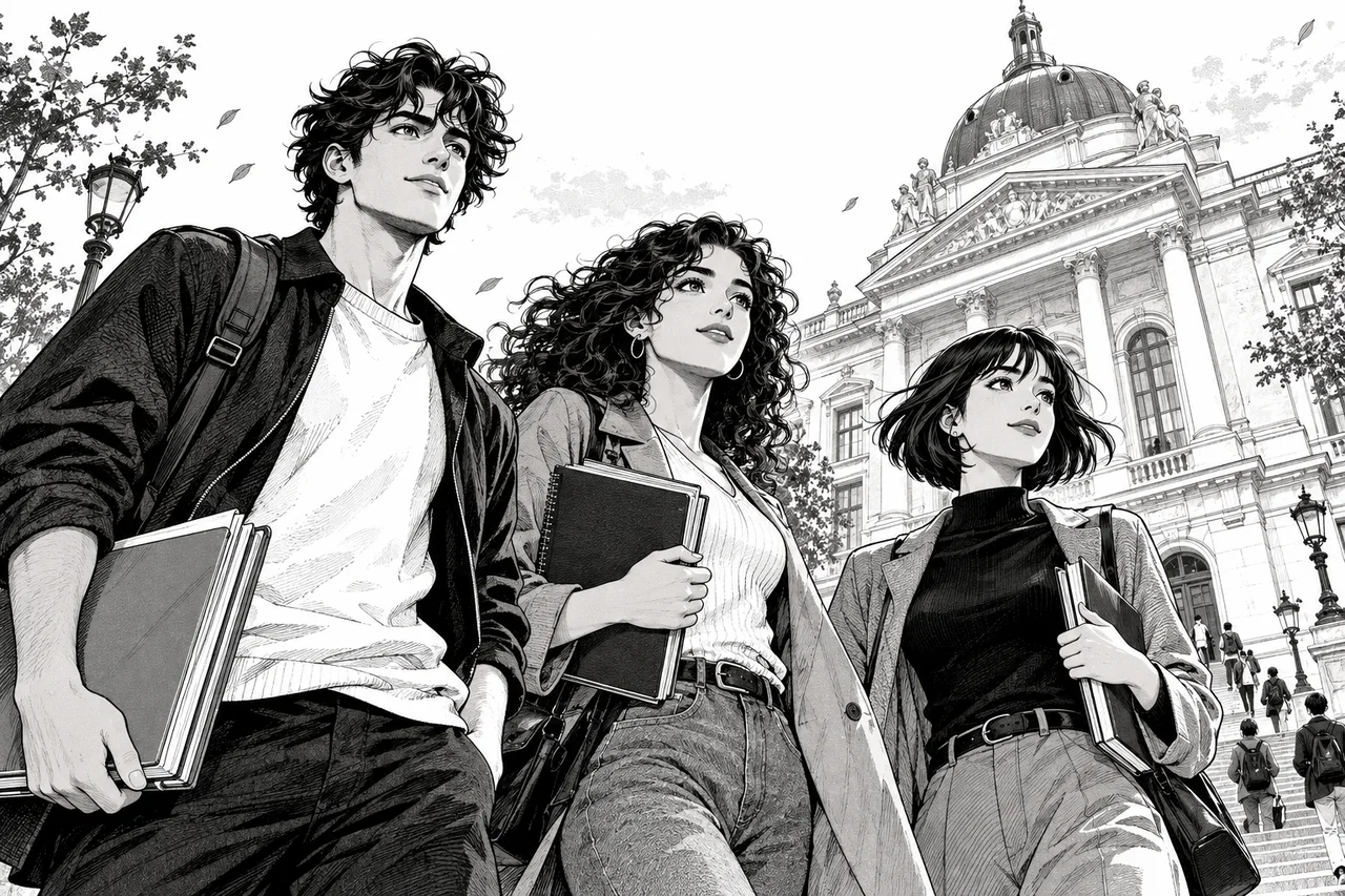 Trois étudiants portant des livres devant un bâtiment d'enseignement imaginaire