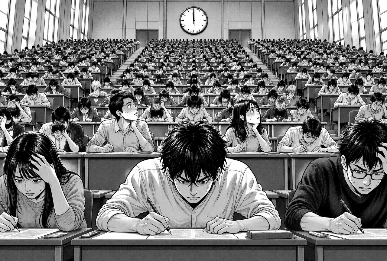 Immense amphithéâtre d'examen rempli de centaines d'étudiants angoissés, penchés sur leur copie sous une grande horloge