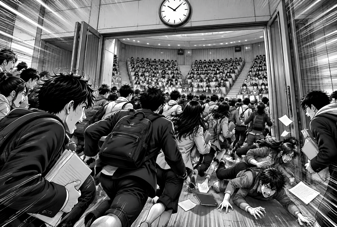 Foule d'étudiants en pleine ruée se précipitant dans un amphithéâtre, chronomètre au-dessus des portes