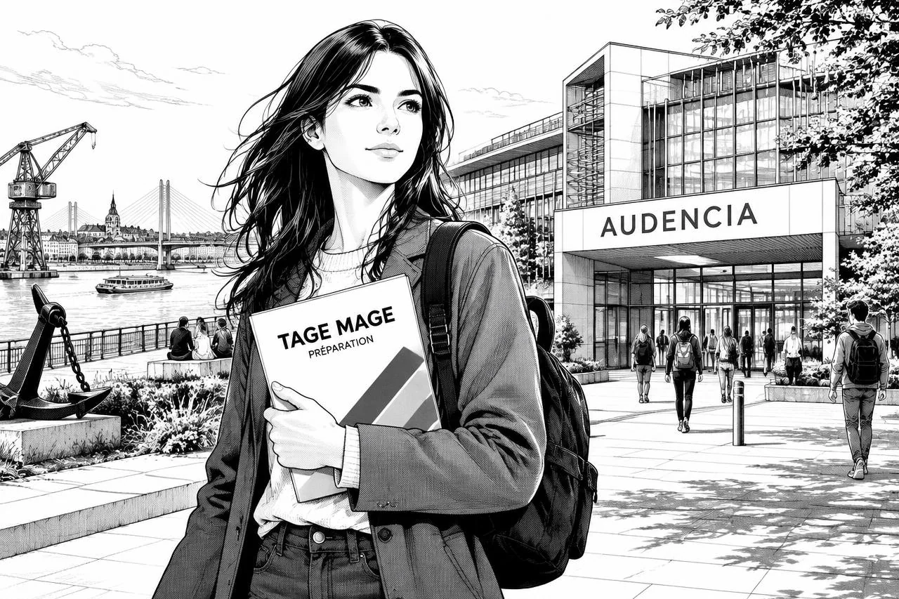 Étudiante devant Audencia à Nantes, son dossier TAGE MAGE à la main, avec la Loire et les grues du port en arrière-plan