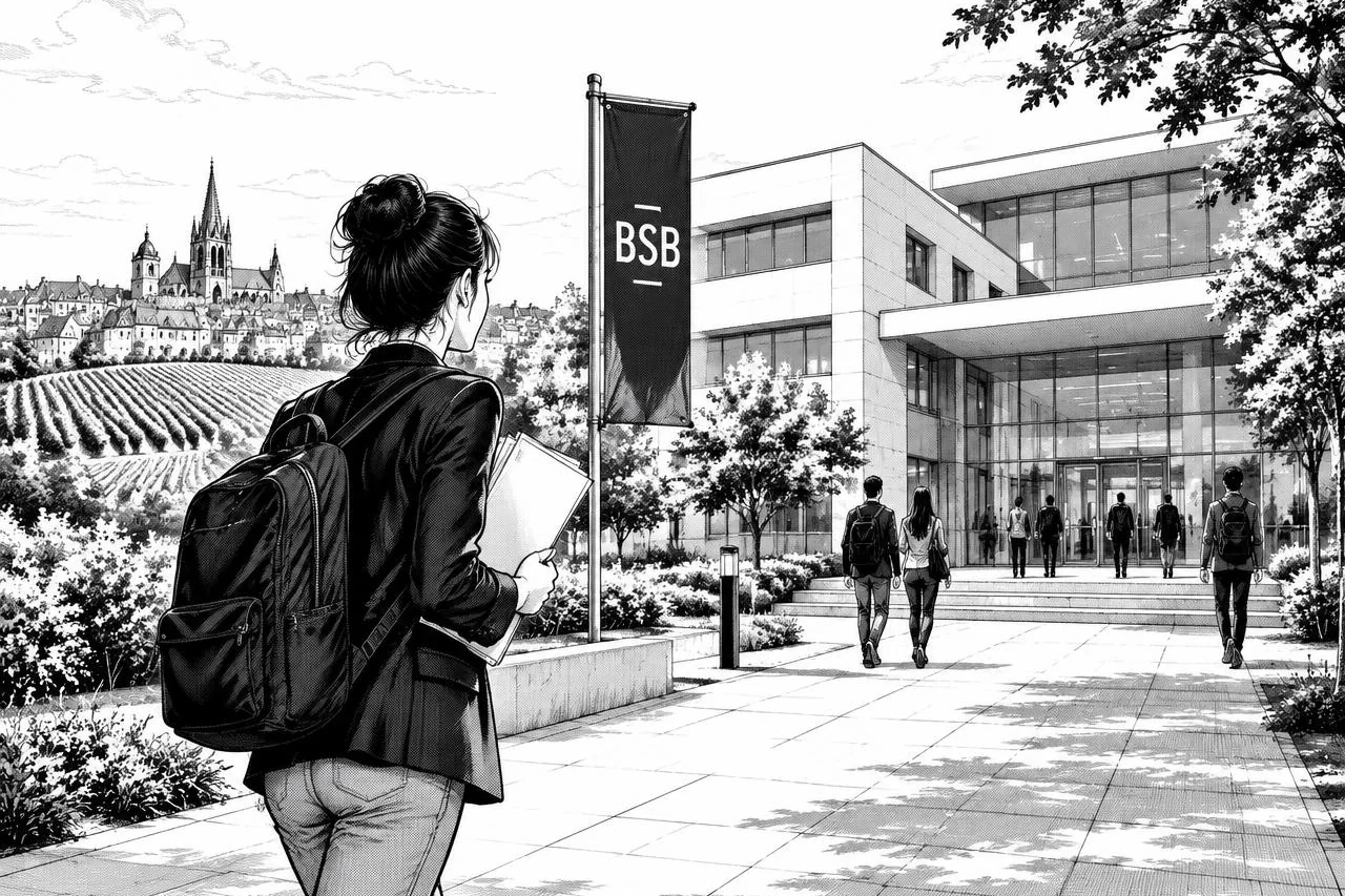 Étudiante marchant vers BSB à Dijon, entre architecture contemporaine et vignobles bourguignons