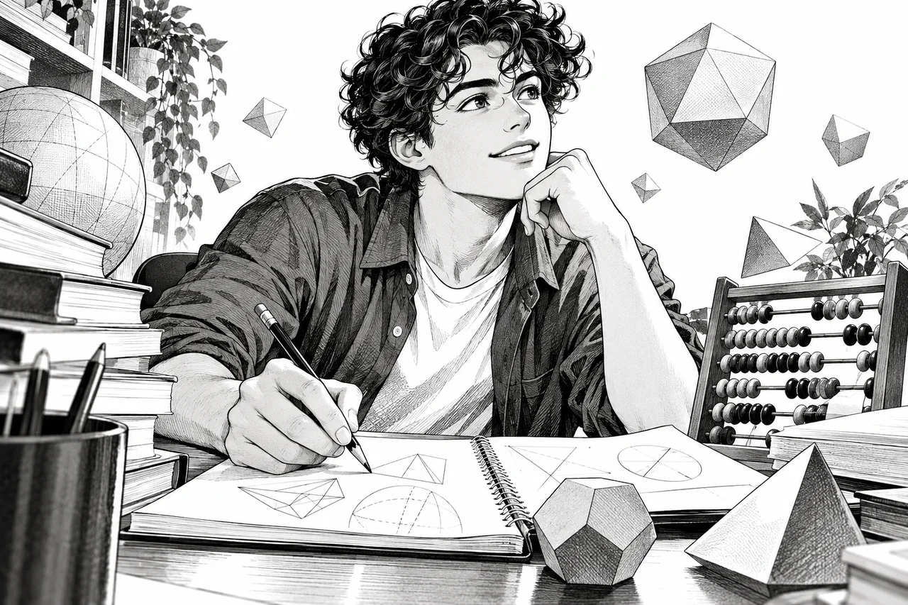 Étudiant révisant le calcul parmi un cahier, un boulier et des volumes géométriques