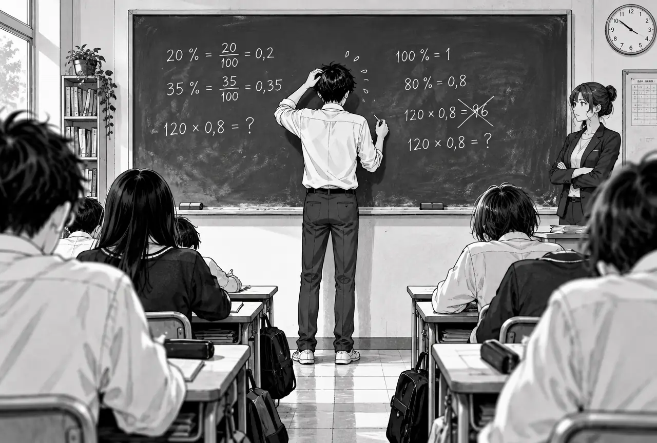 Depuis le fond d'une classe, plusieurs élèves regardent un camarade qui peine à résoudre un exercice de pourcentages au tableau