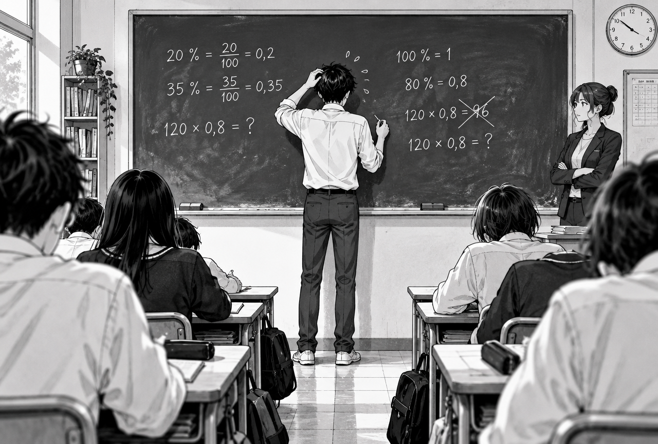 Depuis le fond d'une classe, plusieurs élèves regardent un camarade qui peine à résoudre un exercice de pourcentages au tableau