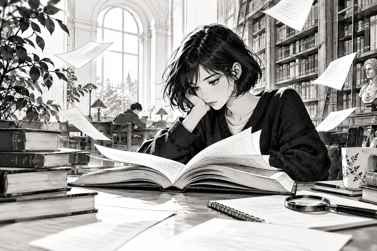 Étudiante lisant et annotant un texte dans une bibliothèque