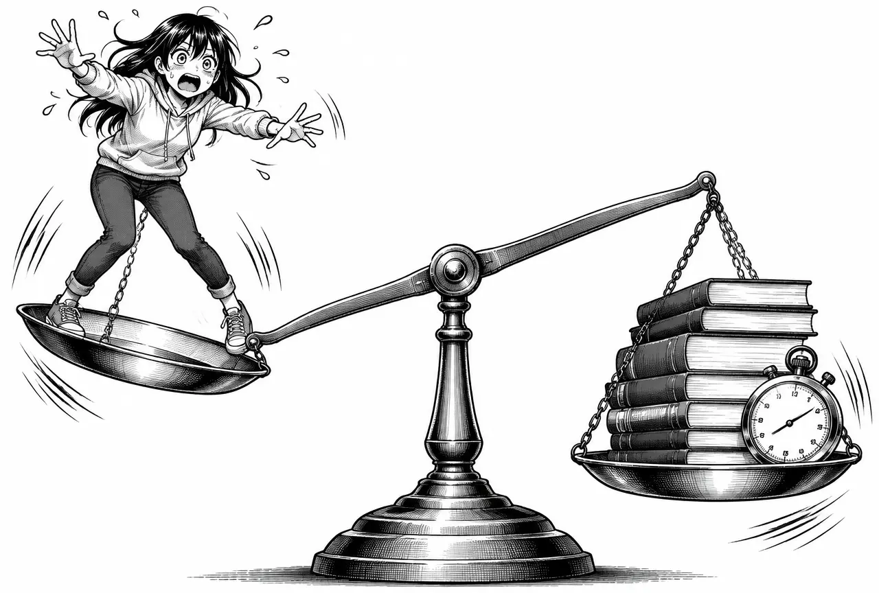 Étudiante affolée, bras ballants et gouttes de sueur, en équilibre précaire sur le plateau d'une immense balance à plateaux qui penche sous une pile de livres et un chronomètre