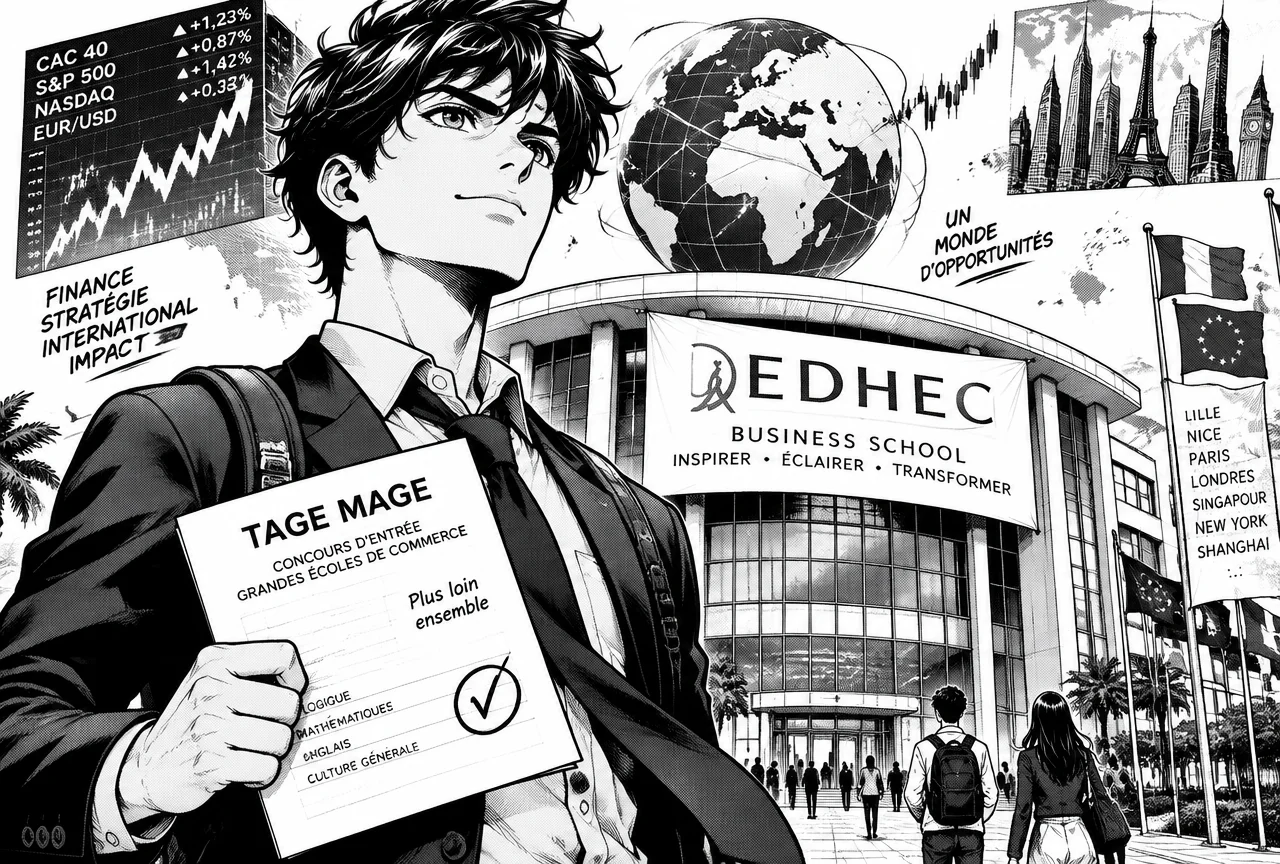 Étudiant déterminé brandissant sa feuille TAGE MAGE devant le campus de l'EDHEC Business School, entouré de graphiques boursiers et d'un globe