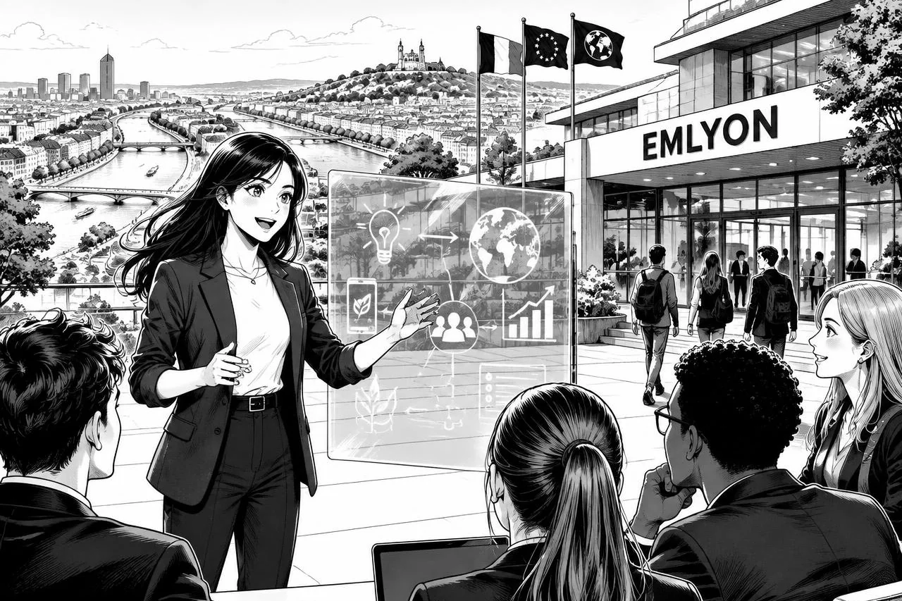 Étudiante présentant un projet entrepreneurial devant emlyon business school et la ville de Lyon