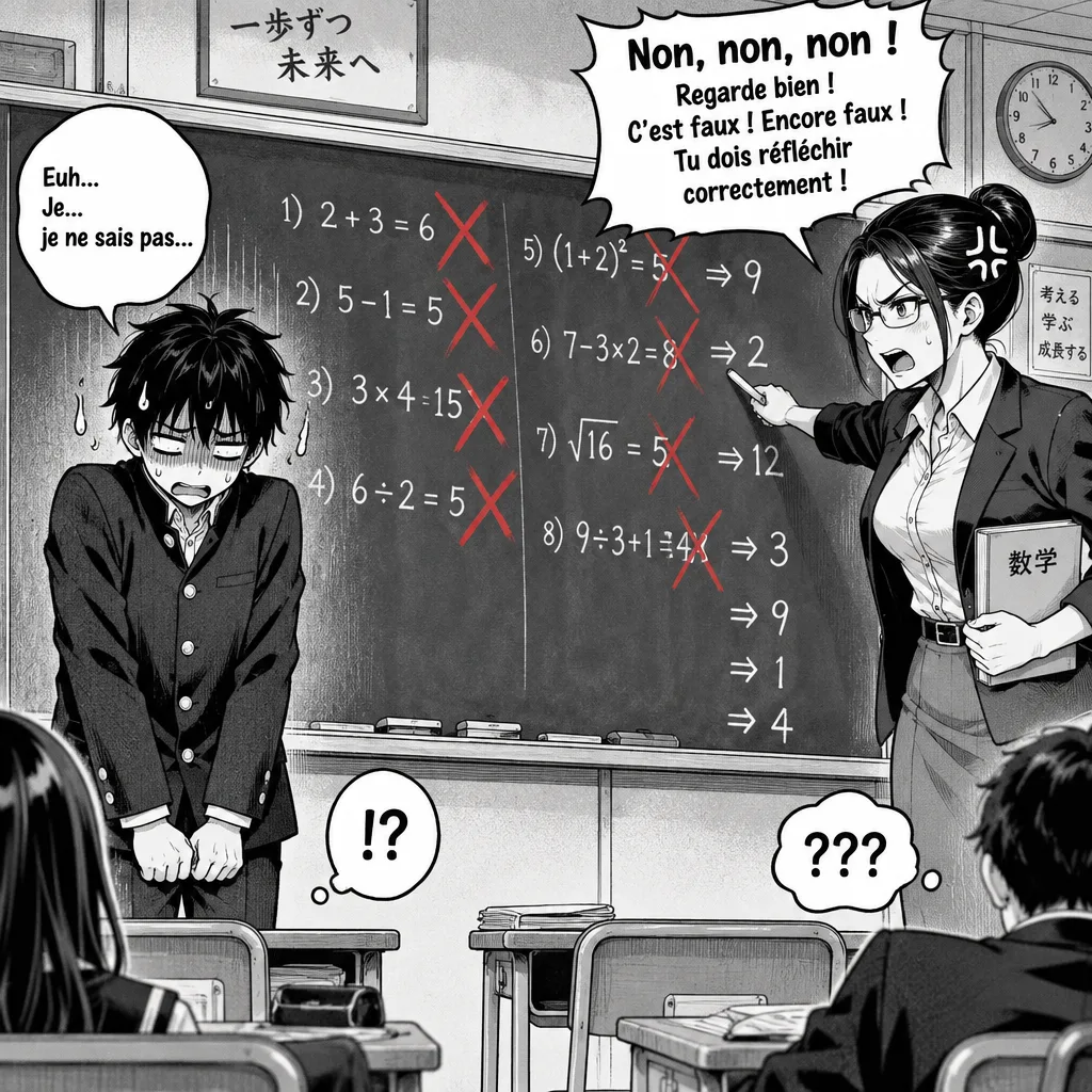 Élève paniqué et trempé de sueur devant le tableau où ses calculs sont barrés de grandes croix rouges, une professeure fâcheuse pointant la craie, des bulles criant : Non, non, non ! C'est faux ! Encore faux !