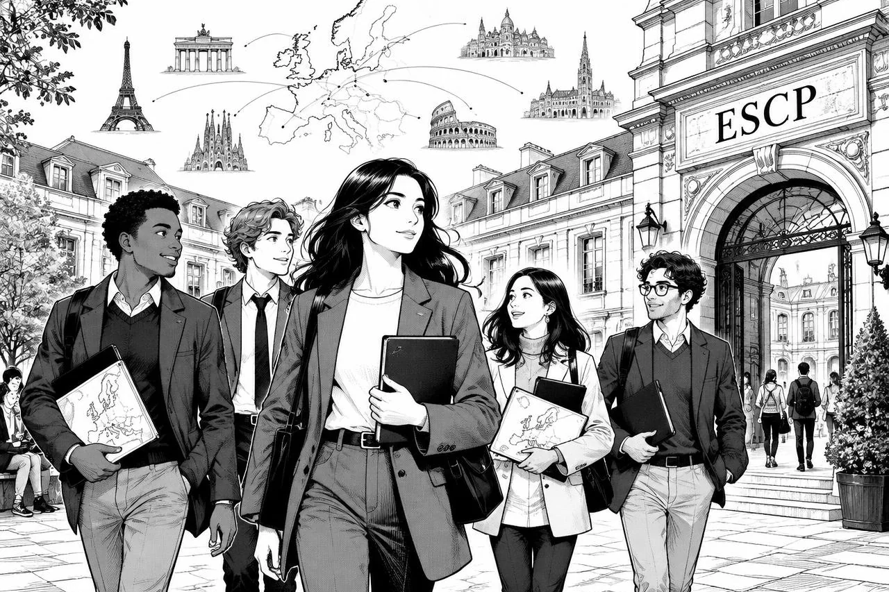 Groupe d'étudiants internationaux arrivant à ESCP avec une carte de l'Europe en arrière-plan