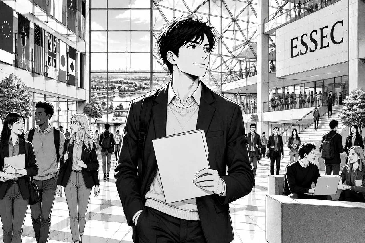 Étudiant tenant son dossier dans le grand atrium international de l'ESSEC