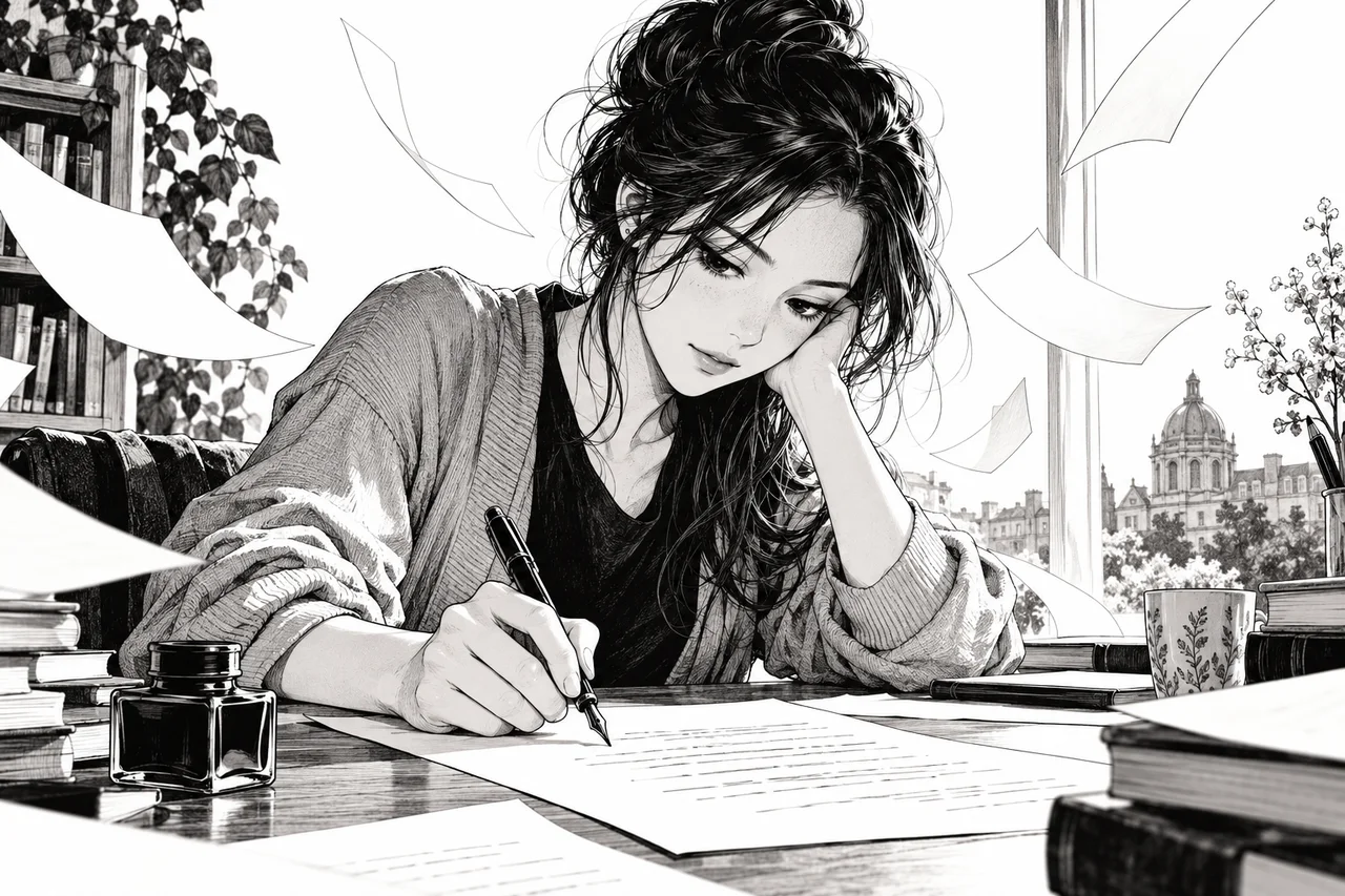 Étudiante écrivant à la plume au milieu de livres et de feuilles