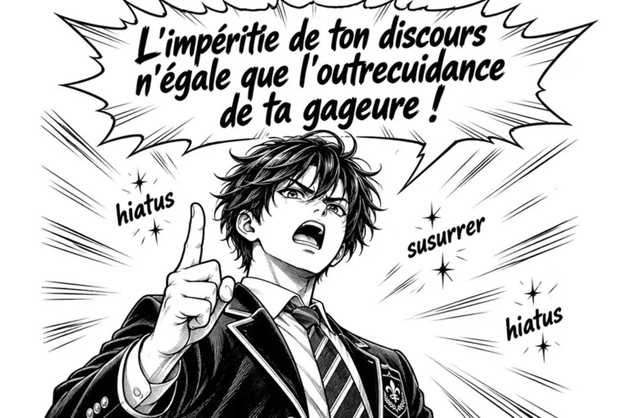 Étudiant en uniforme brandissant le doigt, une immense bulle de bande dessinée proclamant : L'impéritie de ton discours n'égale que l'outrecuidance de ta gageure