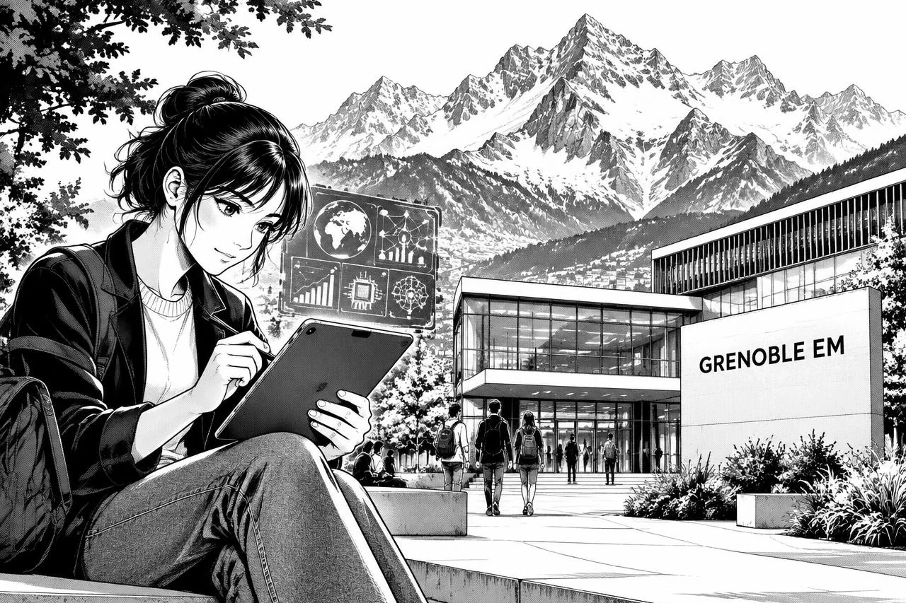 Étudiante travaillant sur une tablette devant Grenoble École de Management et les Alpes