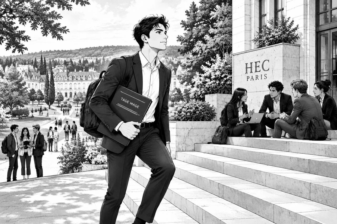 Étudiant gravissant les marches de HEC Paris avec son dossier TAGE MAGE