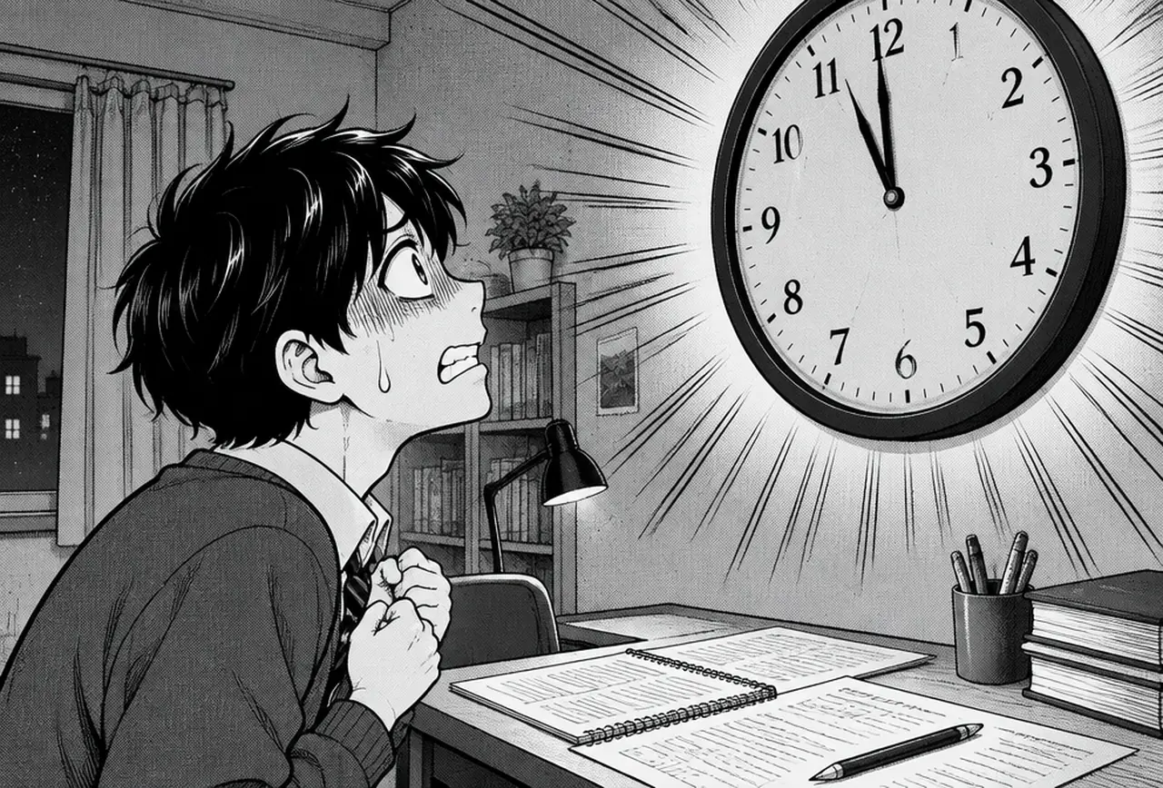 Étudiant debout, angoissé, observant une grande horloge murale qui approche de minuit