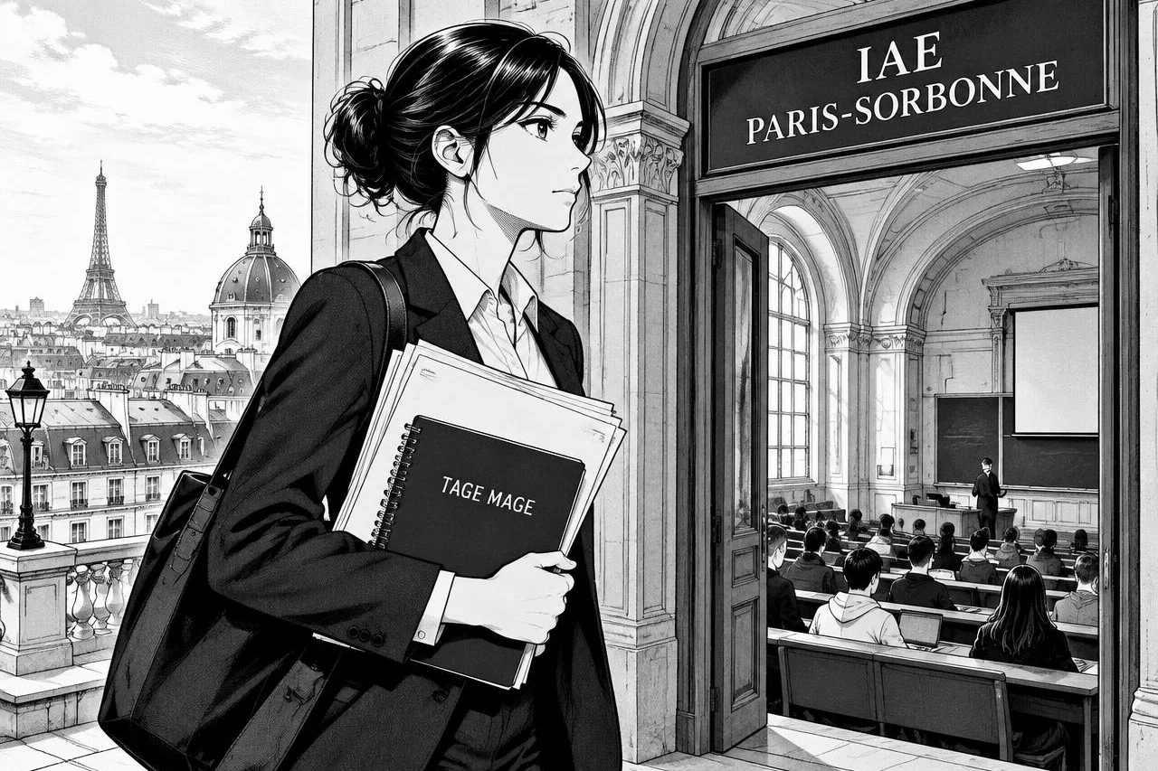 Étudiante entrant dans un amphithéâtre de l'IAE Paris-Sorbonne avec ses dossiers de préparation