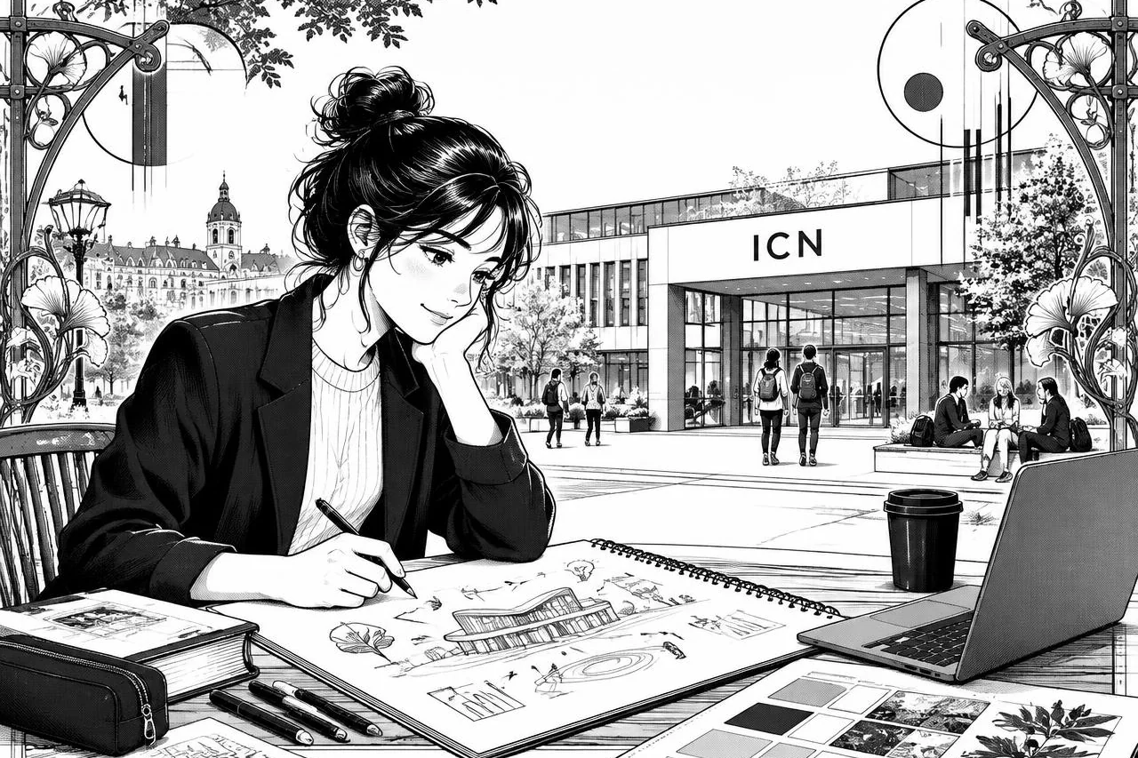 Étudiante dessinant un projet innovant devant ICN à Nancy, entourée de motifs Art nouveau