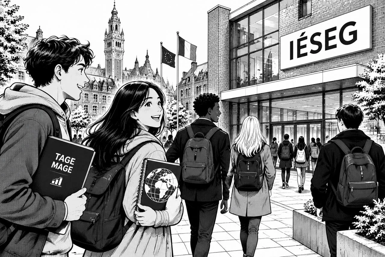 Étudiants internationaux arrivant à l'IÉSEG à Lille avec leurs dossiers de préparation