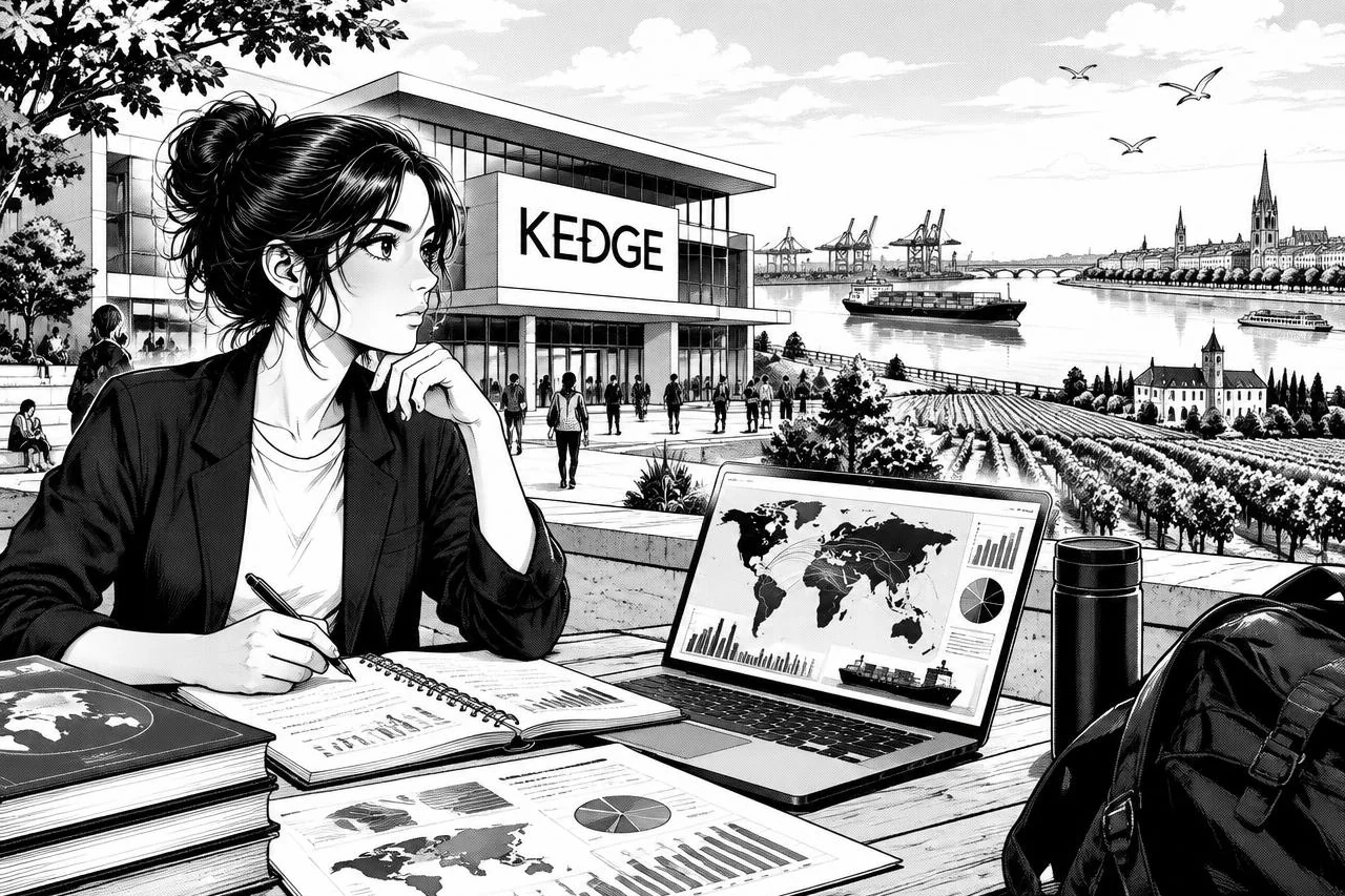 Étudiante analysant des échanges internationaux devant KEDGE, la Garonne et le port de Bordeaux