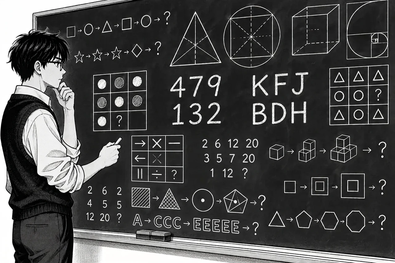 Élève devant un grand tableau couvert de figures géométriques, des nombres à trois chiffres 479 et 132 et des groupes de trois lettres KFJ et BDH
