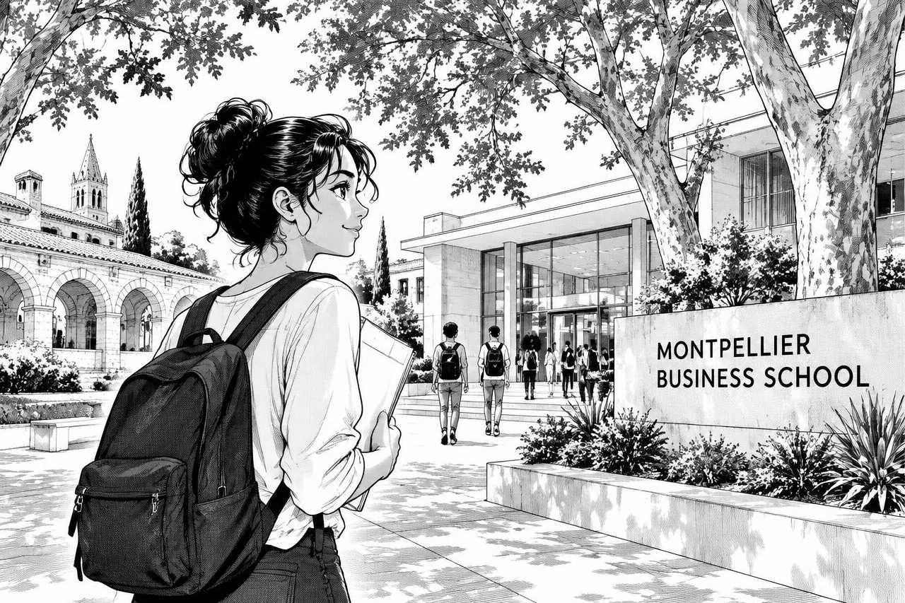 Étudiante arrivant à Montpellier Business School sous les platanes avec son dossier de candidature