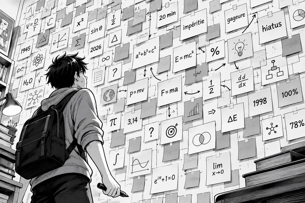 Étudiant déterminé devant un immense mur entièrement couvert de post-it portant des formules de maths, des dates et des mots compliqués, marqueur à la main