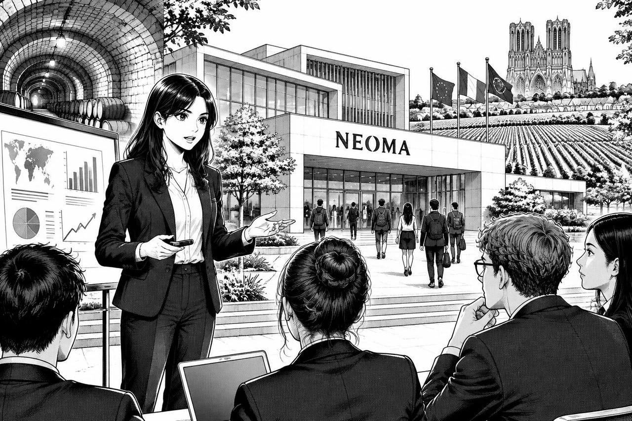 Étudiante présentant une étude de cas devant NEOMA à Reims, entre vignobles et caves champenoises