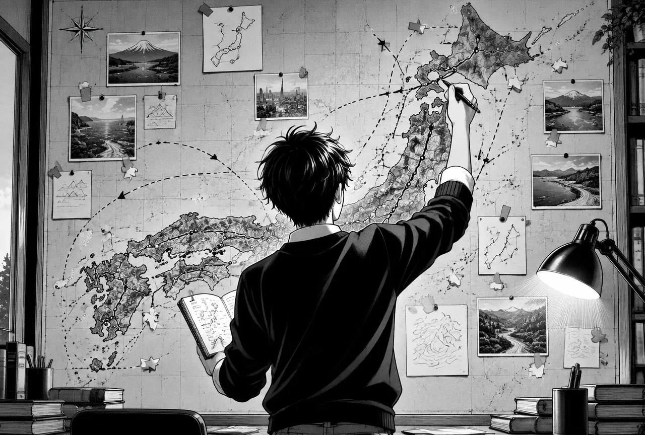 Étudiant traçant son itinéraire devant une immense carte du Japon couvrant tout le mur