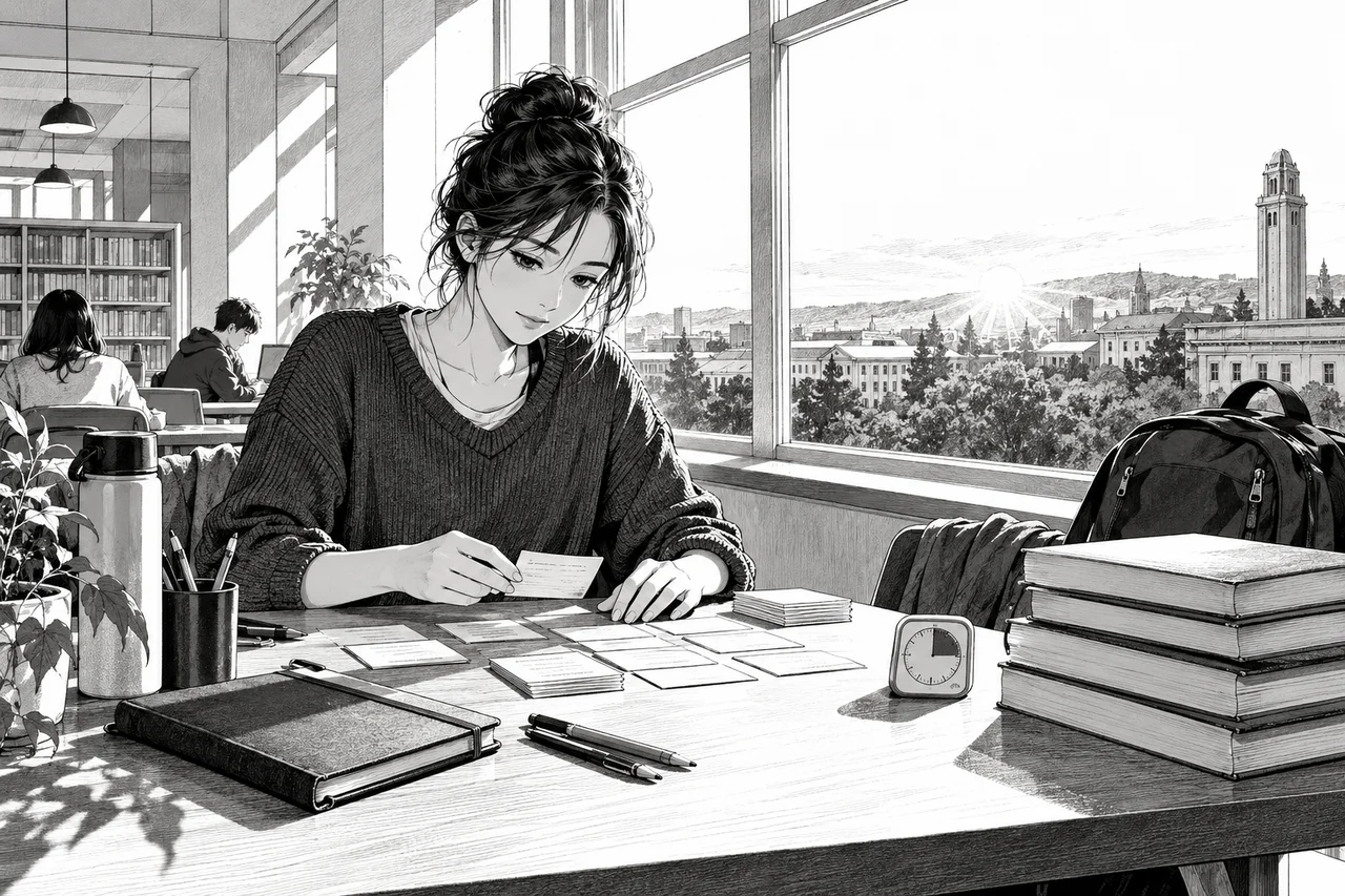 Étudiante organisant ses fiches de révision avec un minuteur