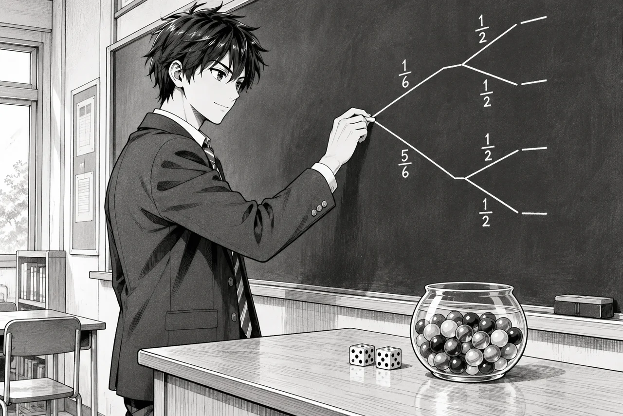 Élève au tableau traçant un arbre de probabilités avec des dés et une urne de billes sur le bureau
