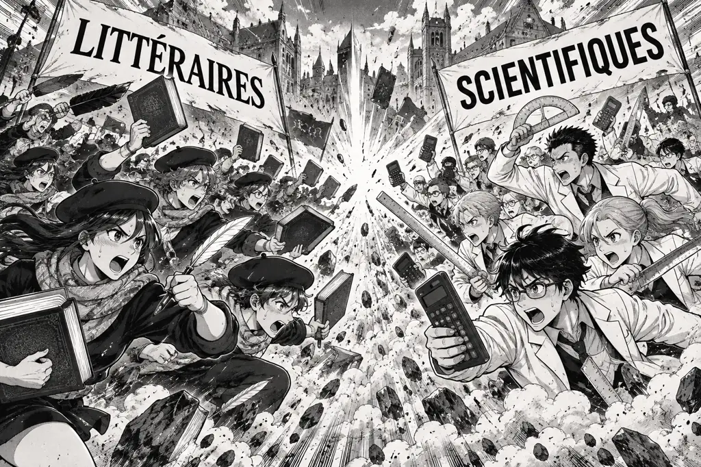 Bataille manga entre le clan des littéraires, bérets sur la tête et livres brandis comme des armes sous une bannière LITTÉRAIRES, et le clan des scientifiques en blouses blanches armés de calculatrices et de règles sous une bannière SCIENTIFIQUES, choc au milieu avec onde de choc et nuages de poussière