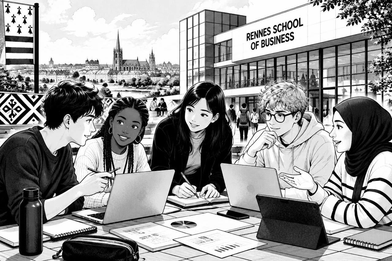 Équipe internationale travaillant devant Rennes School of Business avec la ville de Rennes en arrière-plan
