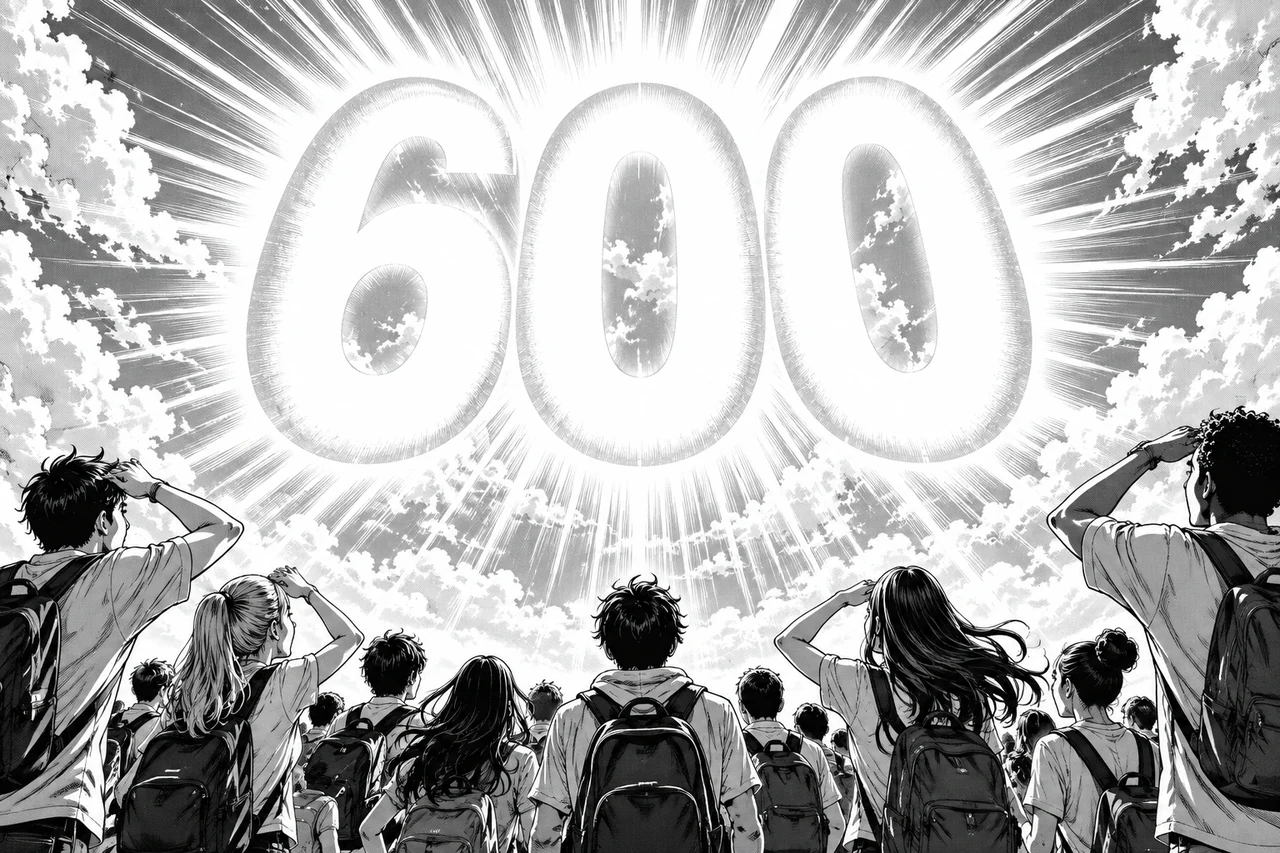 Foule de candidats levant les yeux vers un immense 600 lumineux qui rayonne dans le ciel comme un soleil