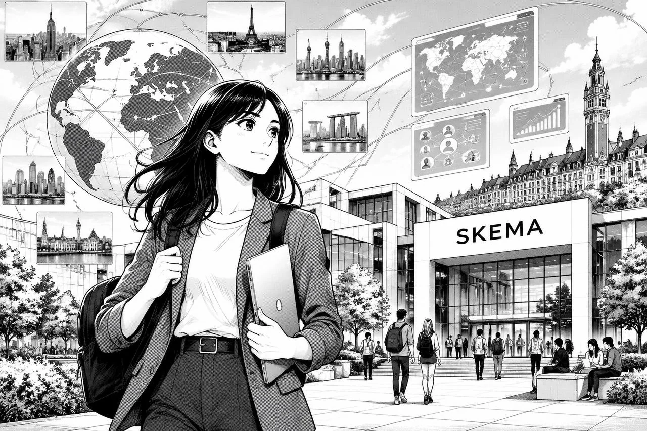 Étudiante devant SKEMA, entourée d'une carte du monde et de connexions entre métropoles internationales