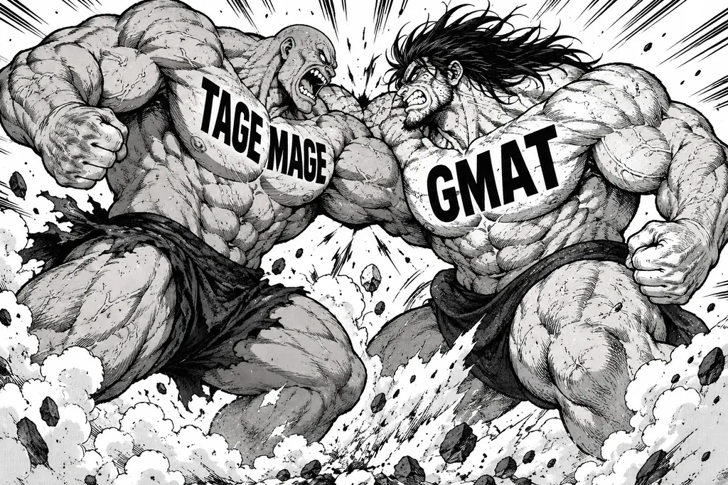 Deux géants musculeux de manga s'affrontant dans un choc titanesque, l'un arborant TAGE MAGE en grosses lettres sur le torse, l'autre GMAT