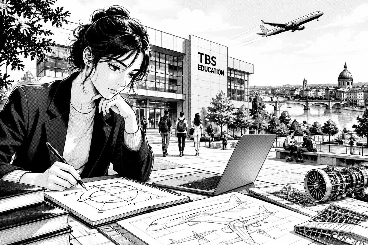 Étudiante travaillant sur une stratégie devant TBS Education, avec Toulouse et l'aéronautique en arrière-plan