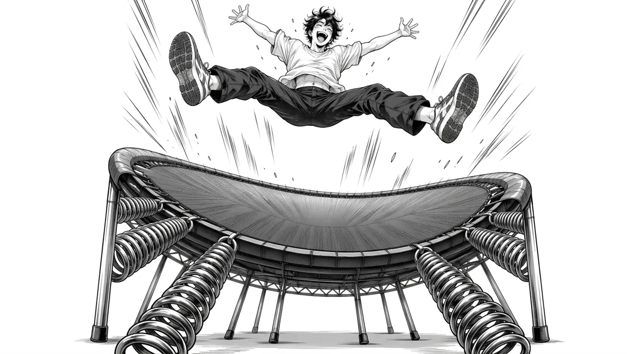 Jeune homme d'environ vingt ans sautant de joie en étoile très haut au-dessus d'un immense trampoline qui plie sous son rebond, lignes de vitesse et ressors tendus