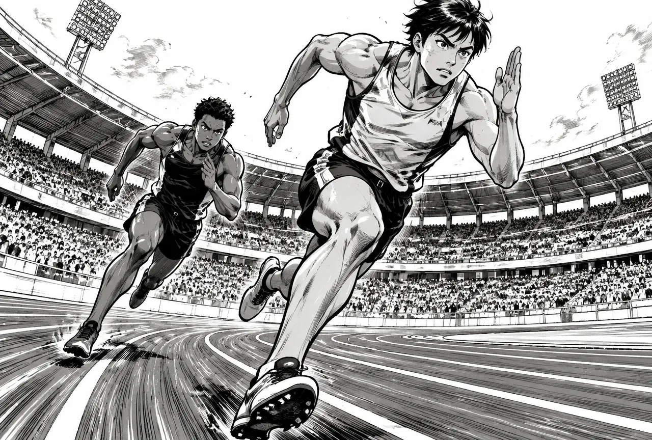 Deux coureurs sprintant sur la piste d'un stade olympique, lignes de vitesse autour d'eux