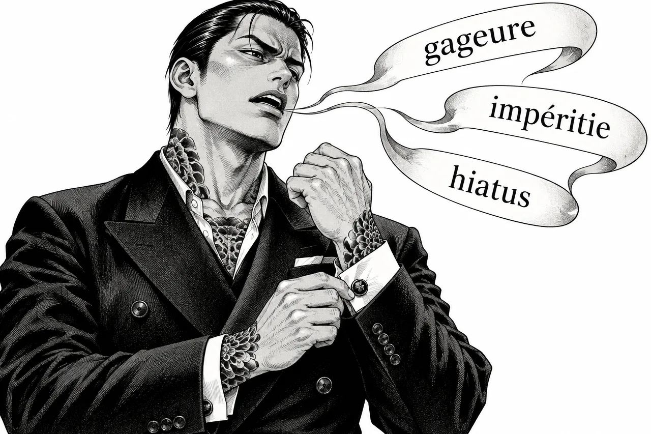 Yakuza en costume ajustant sa manchette, des bulles élégantes sortant de sa bouche avec les mots gageure, impéritie et hiatus